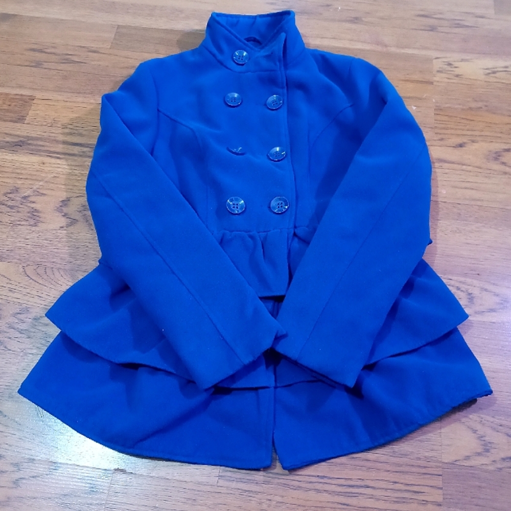 Rue 21 Women's Large, Blue, Pea Coat, Skirted, Ruffle Accent, Buttons
